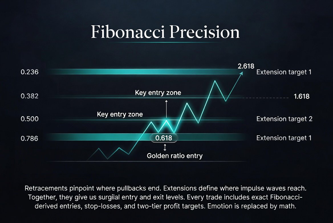 Fibonacci Precision — Retracements pinpoint entries, extensions define targets