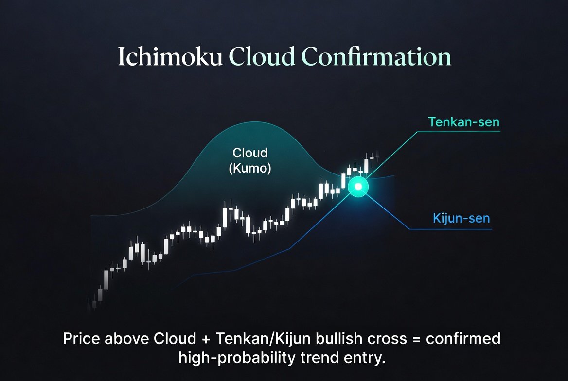 Ichimoku Cloud Confirmation — Price above Cloud plus Tenkan/Kijun bullish cross equals confirmed trend entry